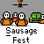 Animated contact sheet showing multiple frames of a pixel art animation featuring orange-shirted characters and green couches with text bubbles at Sausage Fest events.