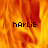 Animated fire background with 'hArLiE' text in black pixelated font across four , one showing a