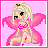 Pixel art contact sheet of a pink fairy character with blonde hair and green eyes across six animated frames showing text variations on a pink background.
