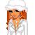 Pixelated static icon of a cartoon character with long orange hair, blue eyes, and brown eyebrows wearing a white top with gray vertical stripes on the sides.