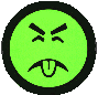 Three circular green icons with black borders show a cartoon face sticking out its tongue; the top-left icon has pixelated edges while others are smooth.