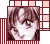 Pixelated anime-style face with brown hair and closed eyes, framed by a of pink and white squares on the left side