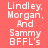 A static image displays text in white pixelated font on a coral background with teal rectangular overlays, showing repeated phrases "Lindley, Morgan, And Sammy BFFL's" across multiple sections.