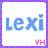 Four identical square display 'Lexi' in blue pixelated text with pink dots, below which 'VH' appears in smaller pink letters on white backgrounds bordered by purple frames