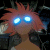 Animated character with spiky orange hair and glowing blue eyes, mouth open in a smile, against a dark background with metallic textures.