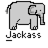 Animated contact sheet showing 25 sequential frames of a pixel art animation featuring an elephant and yellow stick figure interacting with mud, labeled "Jackass" under each frame.