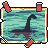 Pixel art of a dark silhouette resembling the Loch Ness Monster in greenish water, framed by decorative borders with red and yellow elements.
