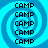 Four identical blue spiral patterns with black text "CAMP" repeated vertically on each spiral.