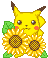 Pixel art animation of Pikachu holding sunflowers with two distinct facial expressions across frames.