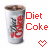 Two side-by-side Diet Coke cans with red text and a heart symbol, one red pixelated heart on the left and black pixelated heart on the right.