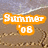 Pixelated beach scene with orange 'Summer '08' text above and blue 'Make History or Be History.' text below, showing two nearly identical frames with minor text differences.