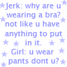Static text-based buddy icon with blue pixelated font on white background, surrounded by light purple stars.
