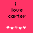 A pink background displays black text reading "i love carter" with five pixelated hearts below, where the third heart changes from white to light pink between two states.