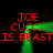 Green neon outline of a stylized 'M' shape with red text repeating "JOE CUCCI IS BEAST" on black background.