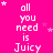 A bright pink background with white text repeating 'all you need is Juicy' and scattered small white stars, featuring a gray rectangular overlay in the bottom-right corner.
