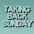Pixelated static image of text reading "TAKING BACK SUNDAY" in blocky white letters with black outlines on a light blue background.