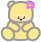 Two pixelated yellow teddy bears with pink bows, gray outlines, and rosy cheeks sit side-by-side against a light gray background.
