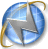 A circular icon with a blue and gray gradient background, featuring a white star-like shape at center and golden curved lines on the left and right edges.