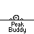 Pixel art animation of a character with a white face and black top, wearing green dotted pants, with 'Peak Buddy' text below, showing sequential changes in body parts and background elements.
