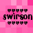 Pixelated pink background with four identical of black text "swirson" surrounded by heart symbols, each showing slight variations in pixel arrangement