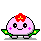 Pixel art character with pink body, green leafy wings, and red flower on head in multiple poses showing different accessories.
