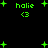 Green pixelated text and symbols on black background with repeated 'halie' and '<3' elements surrounded by plus signs.