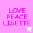Pixelated text 'LOVE PEACE LISETTE' in pink on a split background with a white star on the left and a pink star on the right.