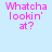 A static image with light blue background and repeated pink text reading "Whatcha lookin' at?" in a pattern