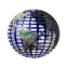 Animated globe with blue overlay showing Earth's continents in grayscale, rotating through multiple views of the Americas and Africa