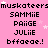 Pixelated text on pink background with white stars, displaying repeated names and punctuation in black block letters