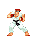 A 5x4 contact sheet of pixel art frames showing a martial artist character performing an energy attack animation in white karate uniform with black belt, red headband, and brown shoes against gray background.