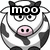 Pixelated cow icon with black-and-white patches, pink nose, and text overlays reading 'moo', 'goes', 'the', and 'Cow' across four views.