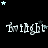 Black background with repeated 'twilight' text in white stylized font, scattered light blue and dark gray stars, and a gray rectangle in bottom-right corner.