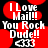 Pixelated graphic with red circular shapes on black background, displaying white text "I Love Mail!! You Rock Dude!!" and a white arrow symbol.