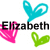 Pixelated heart-shaped icons in cyan, pink, and green surround the name "Elizabeth" rendered in black and brown text on a white background.
