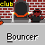 Pixel art animation of a character with yellow hair and orange clothing moving through a brick wall with 'club' signs and 'Bouncer' text.