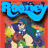 Animated contact sheet of a 48x48 pixel buddy icon featuring the name "Rooney" in different colors above an anime-style character with blue hair and colorful clothing against a red background.