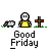 Animated contact sheet of a pixel art icon showing a yellow stick figure with white head and brown cross, cycling through text variations including 'Good Friday', 'ISNT EVER', 'FRIDAY', and 'gOOD?' on gray background.