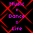 Pixelated text 'Music + Dance = Life' in pink appears over a black background with red geometric lines, repeated in a pattern