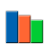 Three vertical bars of varying heights in blue, orange, and green on a gray background.