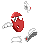 Red pixelated character with red cap and white accents in multiple poses against gray background, showing motion through scattered limbs.