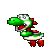 Pixel art of a green dinosaur with white underbelly and red feet in multiple poses against gray background.