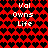 Red background with black heart pattern and white text "Val Owns Life" repeated in two , showing animation change between frames