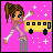 A 3x3 contact sheet of a pixel art animation featuring a cartoon girl with brown pigtails, pink top, and gray pants standing next to a yellow school bus on a bright pink background with white stars.