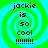 Four identical pixelated spiral icons with green and cyan colors, each displaying text 'jackie is so cool !!!!!!!' in black block letters.