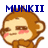 Pixelated cartoon monkey face with brown fur, pink cheeks, and closed eyes under blue text reading MUNKII.