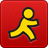 A yellow stick figure with black outline on red background, standing in walking pose with one arm extended forward and one leg forward.