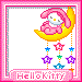 Hello Kitty character in pink bunny outfit on yellow crescent moon with hanging star decorations and 'HelloKitty' text banner.