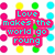 Pixelated graphic with cyan text on pink background surrounded by colored circles.