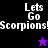 Pixelated text "Lets Go Scorpions!" appears on black and purple backgrounds with a star symbol changing color between frames.